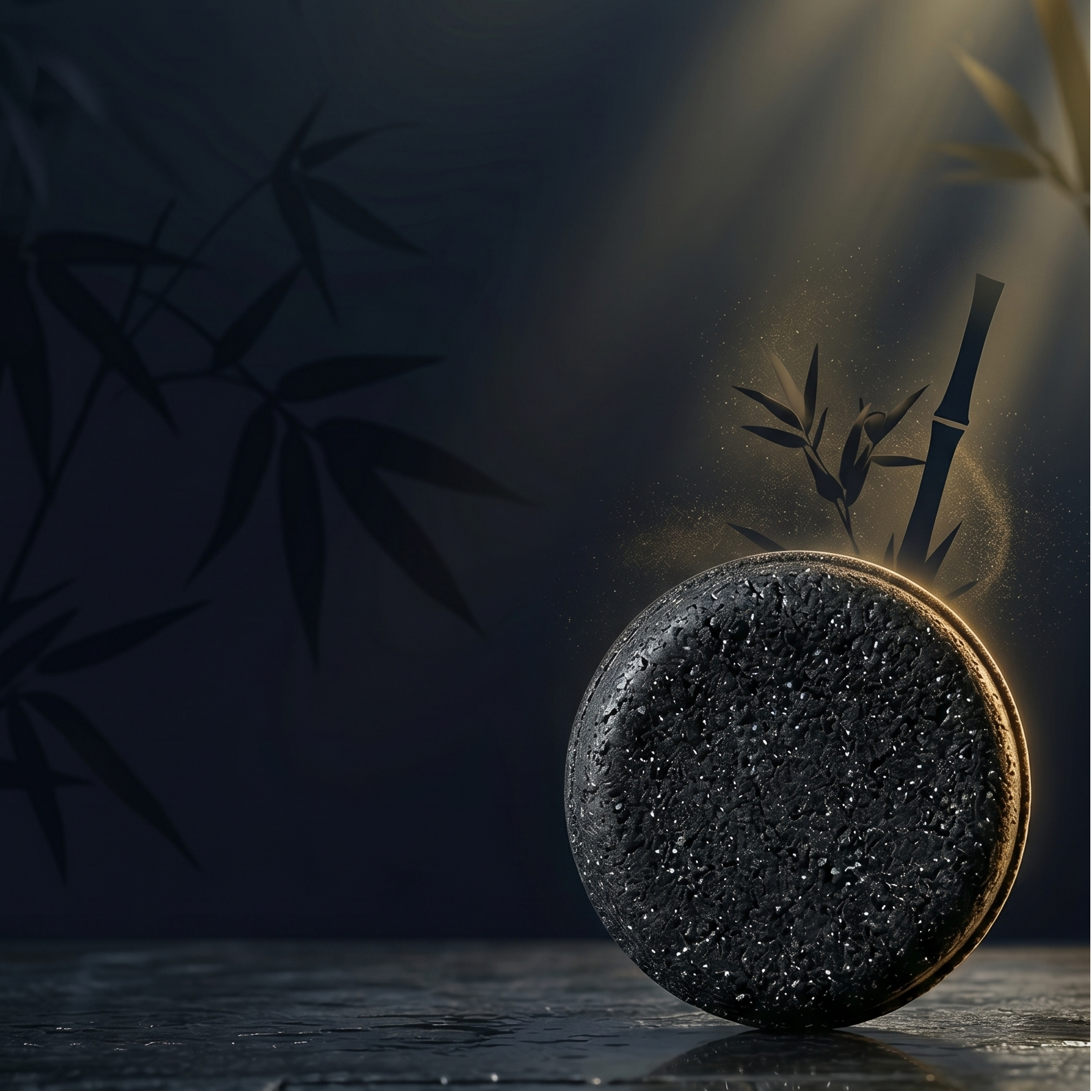 Dark stone with bamboo and leaves on a reflective surface