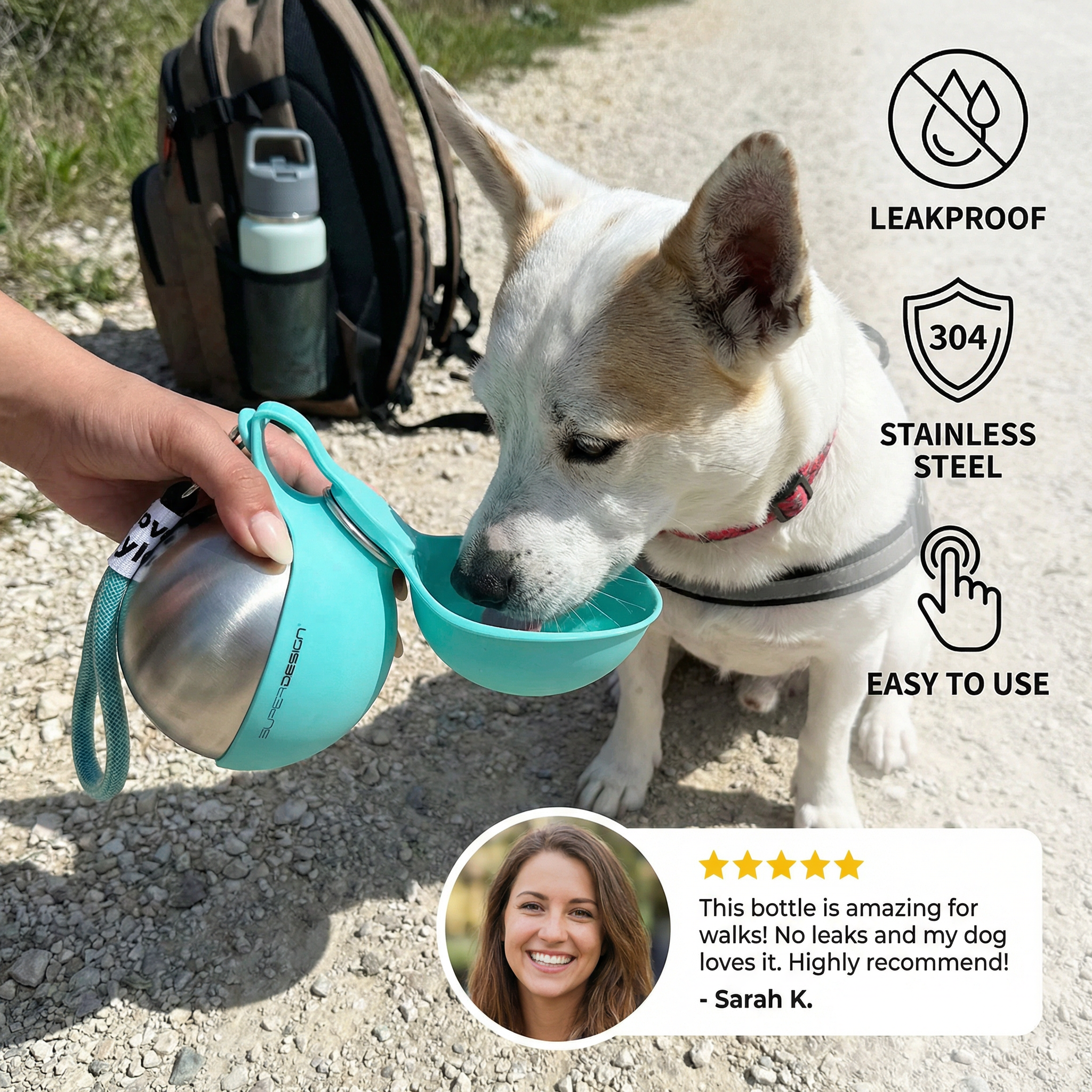 2-in-1 Dog Travel Water Bottle - Leakproof Stainless Steel with Silicone Bowl